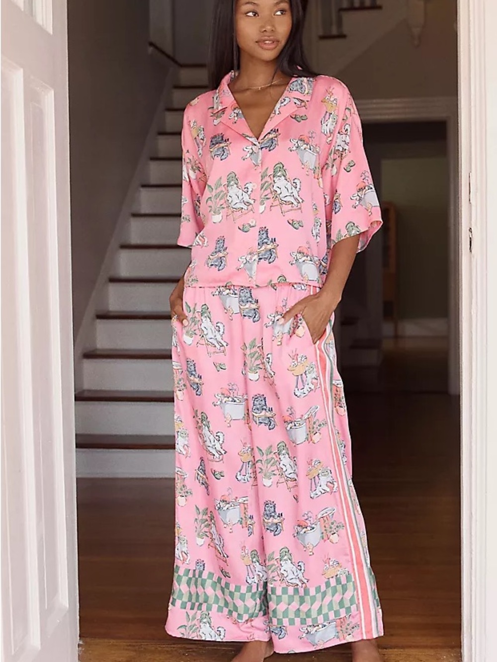 NWT Anthropologie Printfresh Satin Wildest Dreams Set in Cat Spa Day Size Medium - Picture 2 of 2
